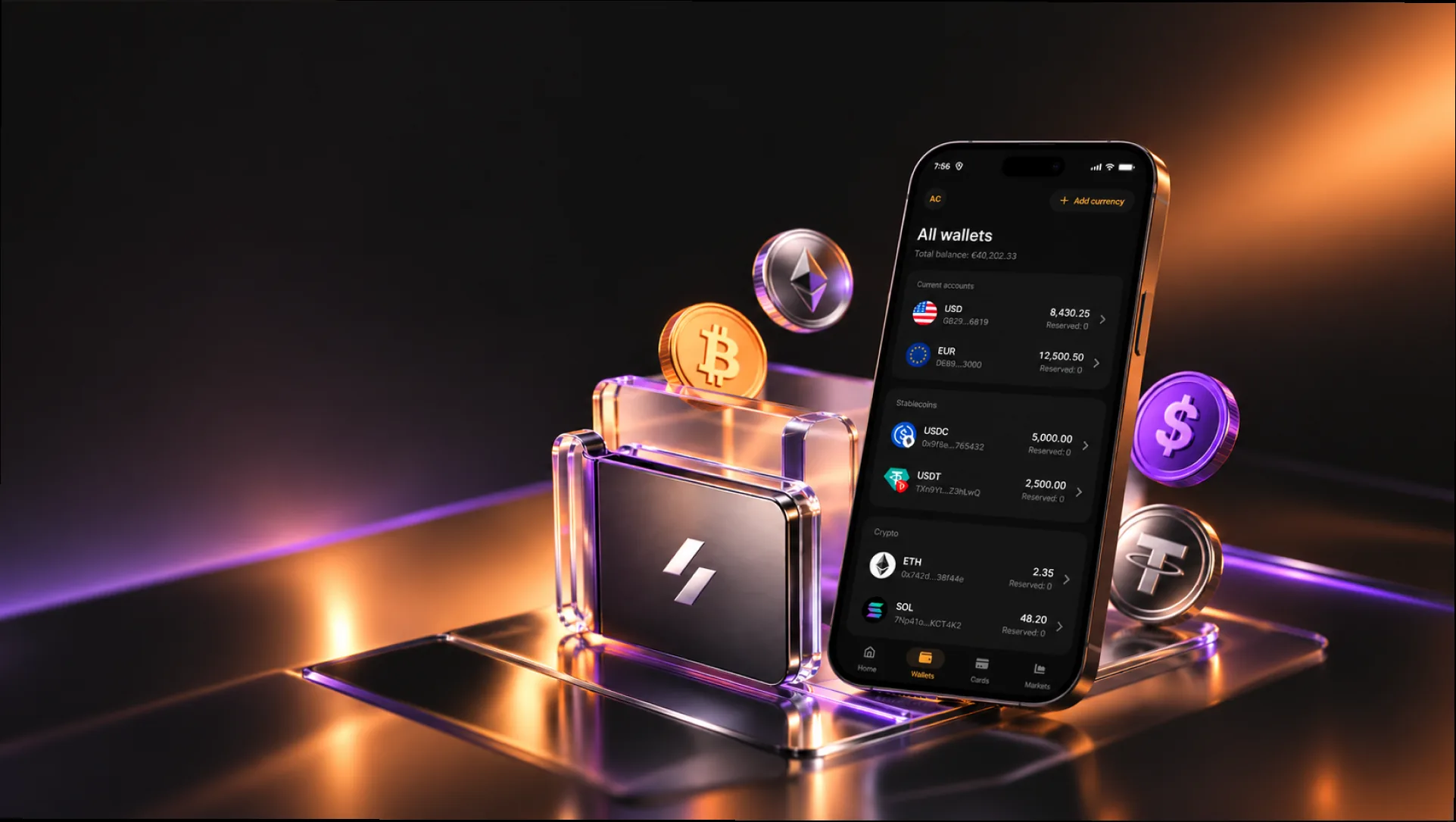 The Zontex app showing fiat, stablecoin and crypto wallets in one account