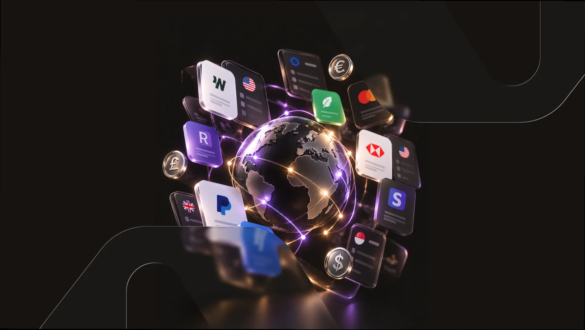 A globe surrounded by bank and payment app cards, currencies and flags